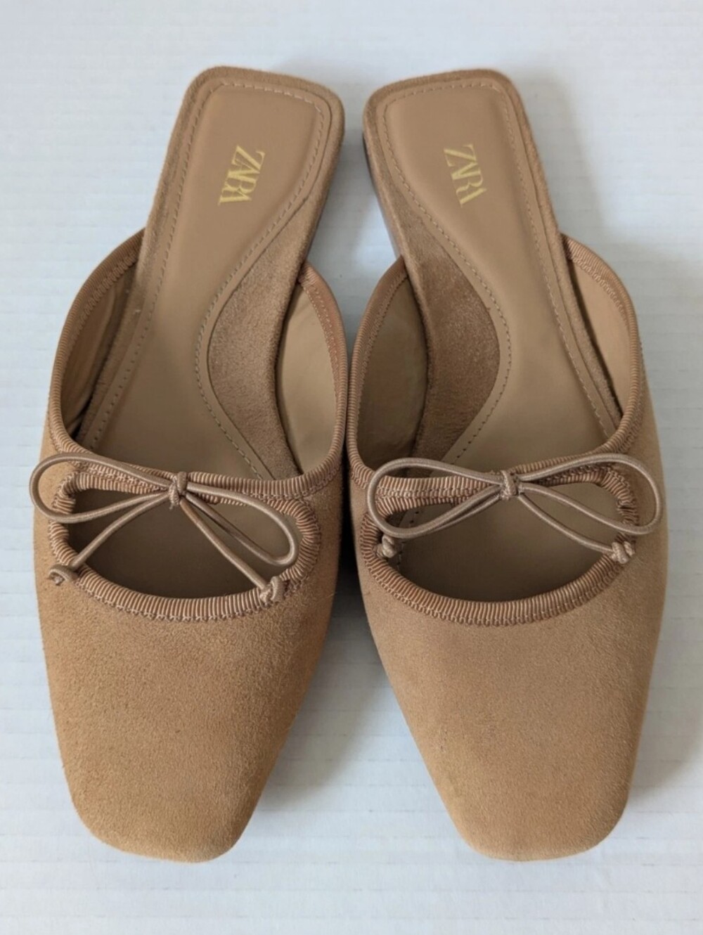 Zara Square Toe Suede Ballet Mule Flats- Tan Womens Size UER 5 - Picture 8 of 8